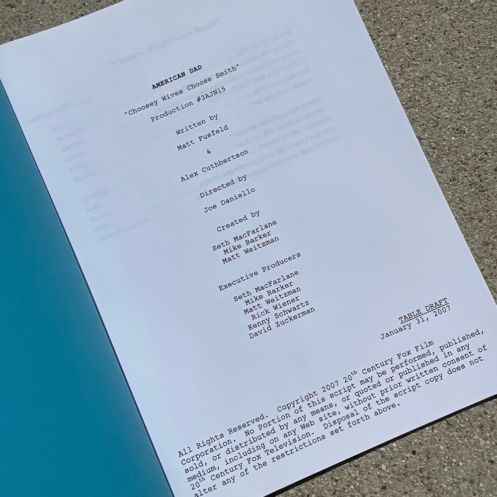 American Dad Scott Grimes Steve Smith 2007 Production Used Table Draft Script