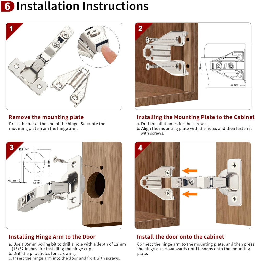50 Pack Soft Close Concealed Hinges for Cabinets - 105° Adjustable Design