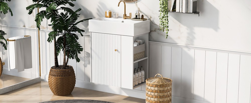 21.6inch Modern Floating Bathroom Vanity with Ceramic Basin Right side storage