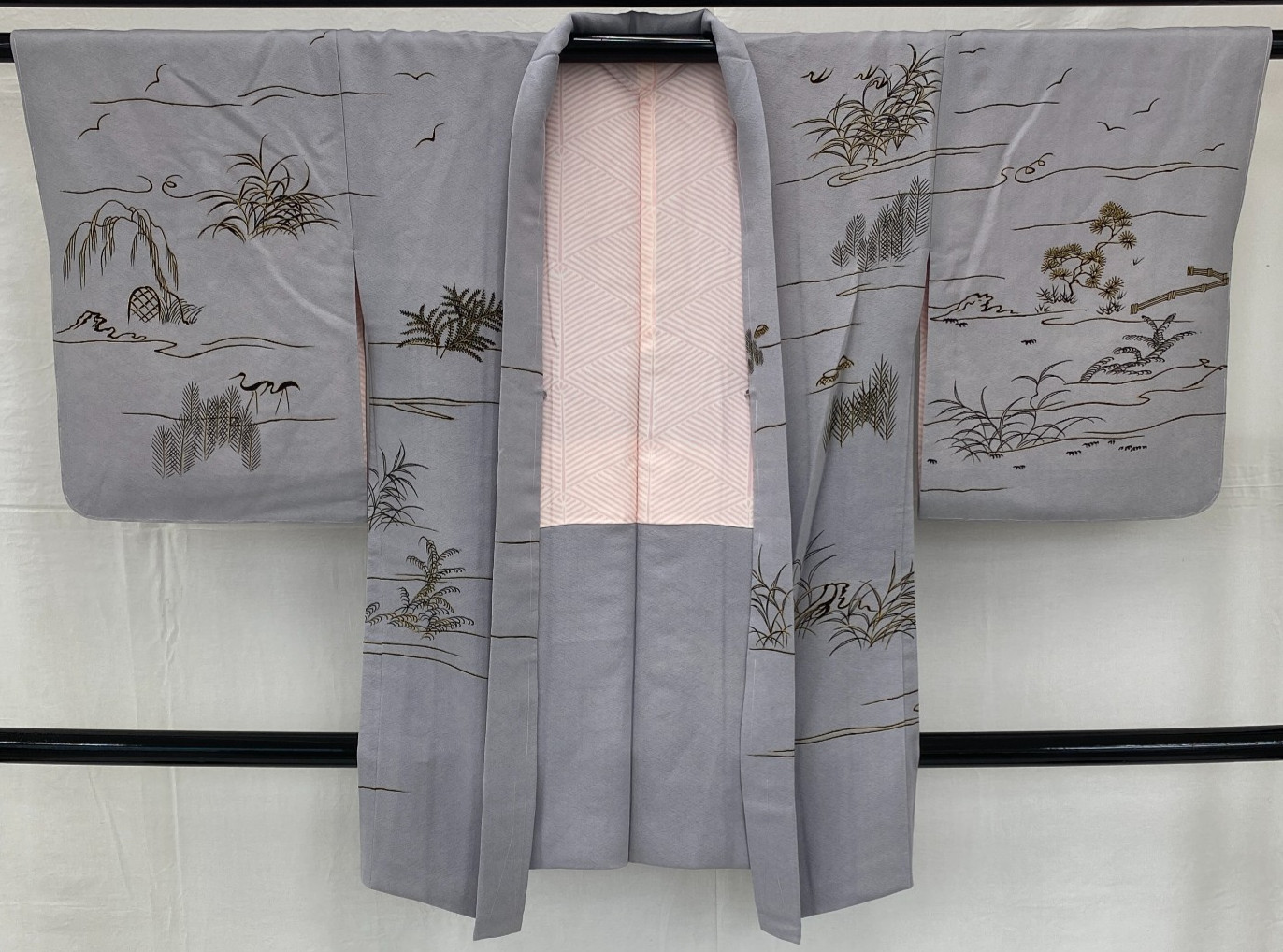 Japanese Vintage Kimono Haori Jacket Polyester Gray Traditional Authentic 35 in