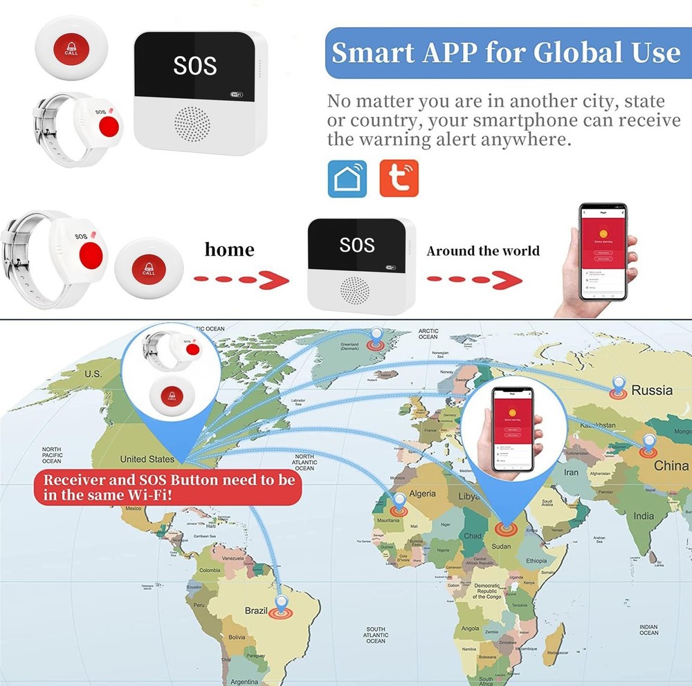 Wireless Caregiver Pagers Elderly Alert Button Smart Emergency Call Button Pe...