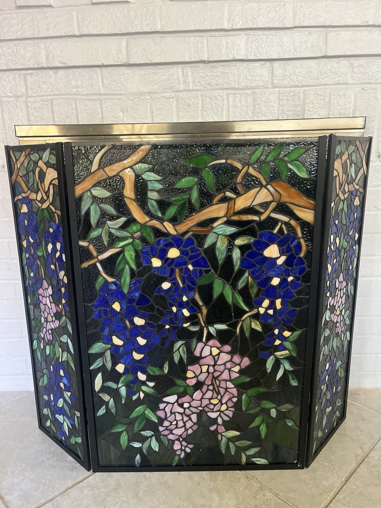 Stained Glass Hand Painted 3 Panel Fireplace Screen