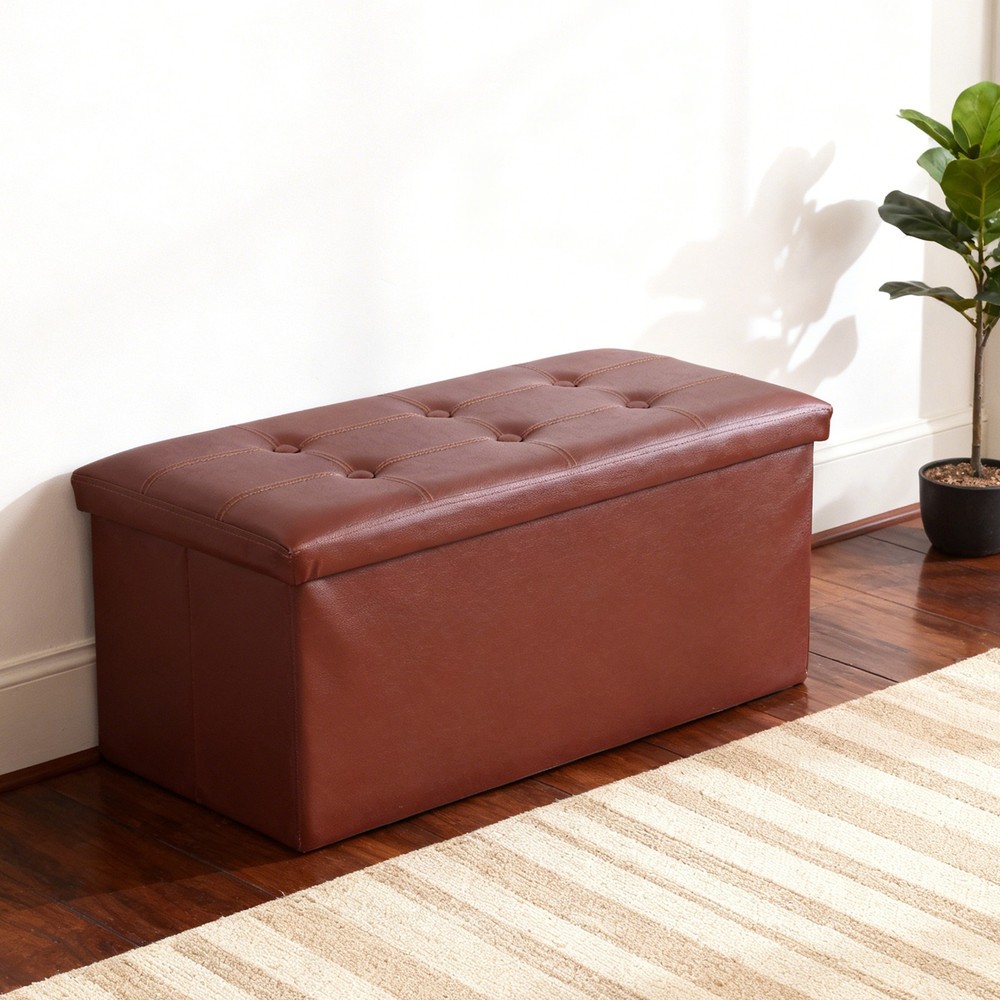 30" Sturdy Ottomans Footstools Soft Leather Brown Storage Footrest Foldable