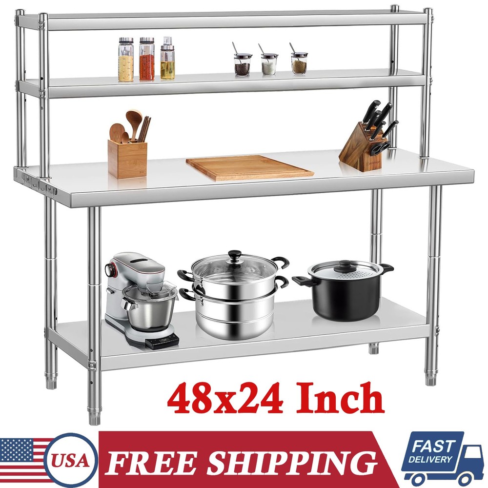 48"x24" Stainless Steel Work Table Adjustable Commercial Table for Kitchen Prep
