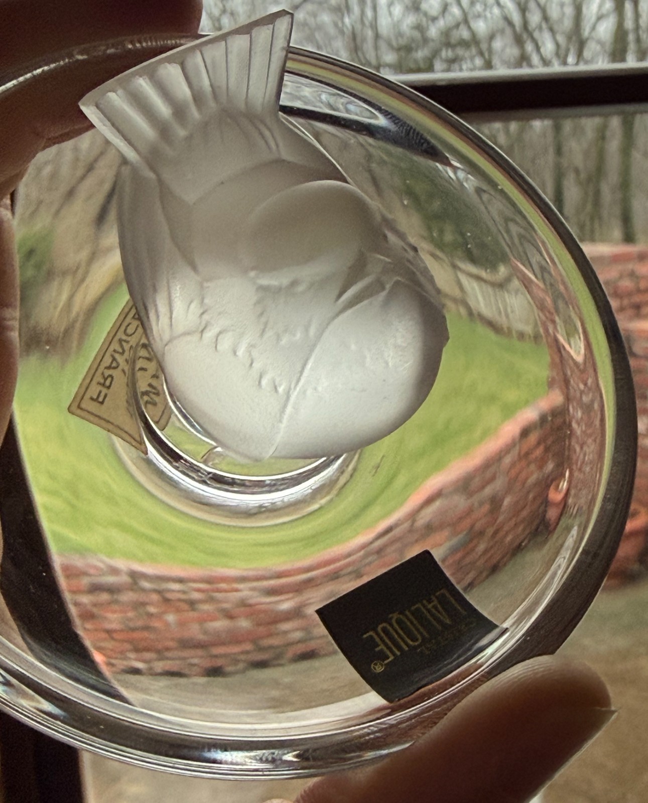 Lalique Pinson Finch 1970s Art Glass Ring Dish Clear & Frosted Crystal 2” Tall