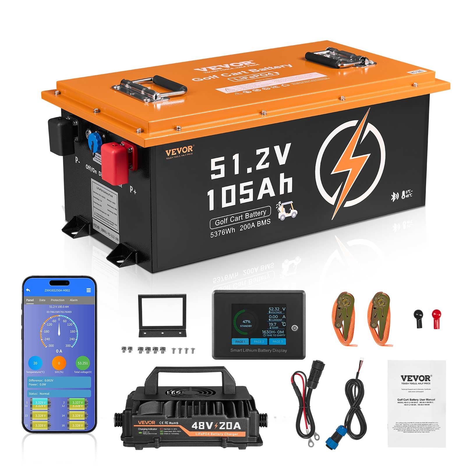 VEVOR 48V 105Ah Golf Cart Lithium Battery with 20A Charger and Touch Monitor