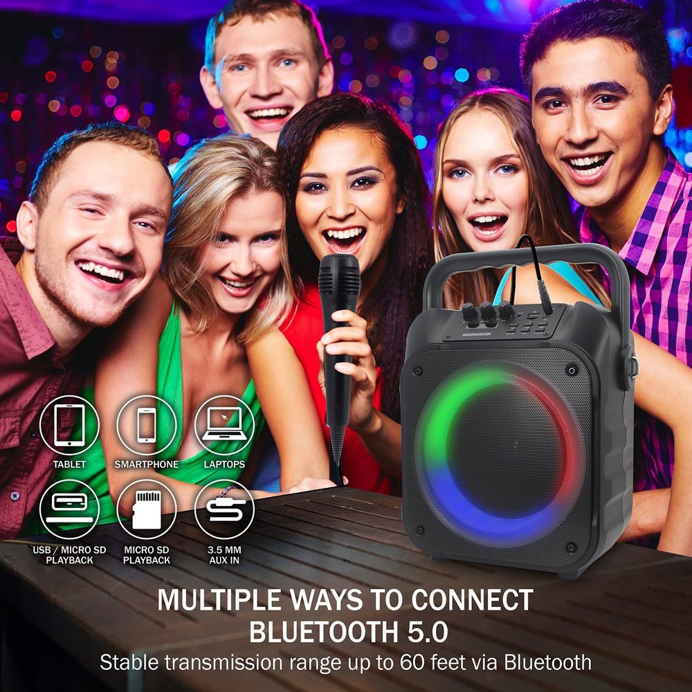 MHT778 Portable Karaoke System w/Lights, Bluetooth, 12W Output, USB/Micro SD/...