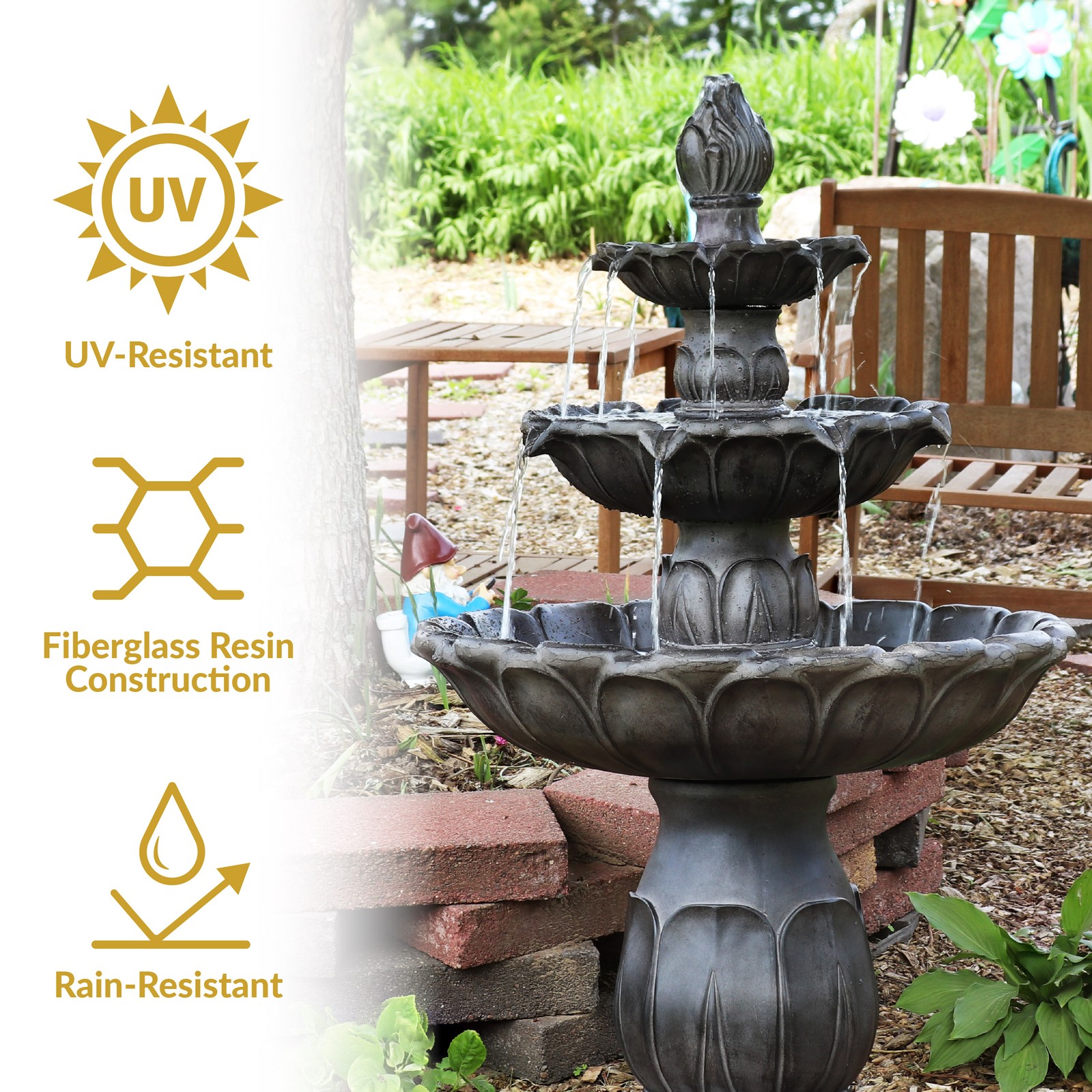 Sunnydaze Classic Tulip 3-Tier Outdoor Fountain, Dark Brown