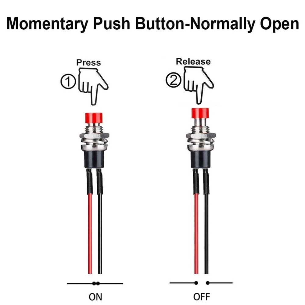 12 Pack 7mm Push Button Switch, Prewired, On/Off, 2 Pole, Round, 2066