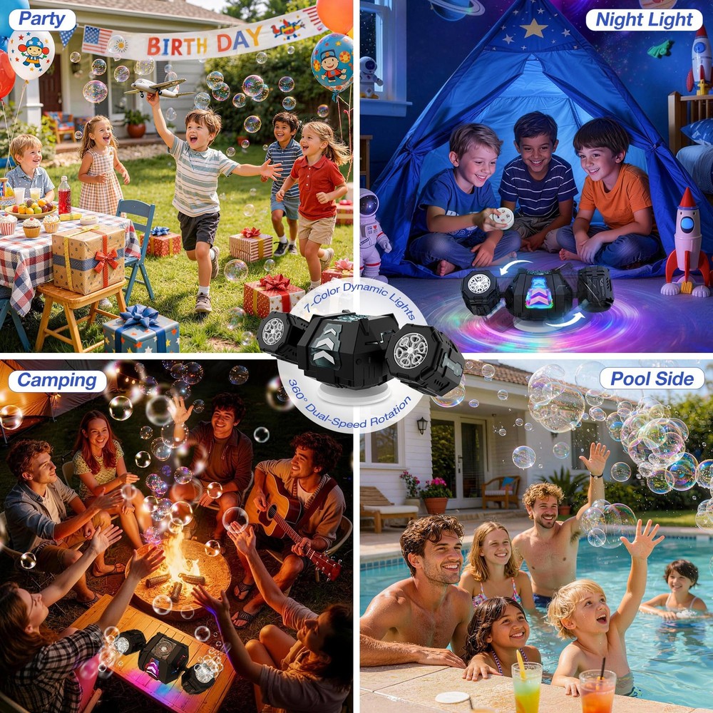 Rechargeable Bubble Machine, 360° Automatic Rotation Bubble Machine for Kids,...