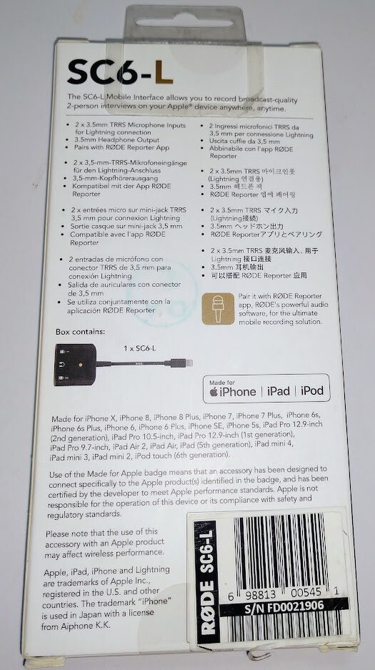 Rode SC6-L Dual TRRS Input Lightning Mobile Interface for Apple iOS Devices New