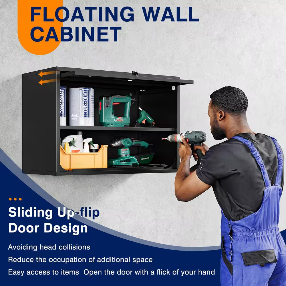 Black 31.5 In. W X 21.6 In. H X 15.7 In. D Steel Garage Wall Cabinet with 2 Shel