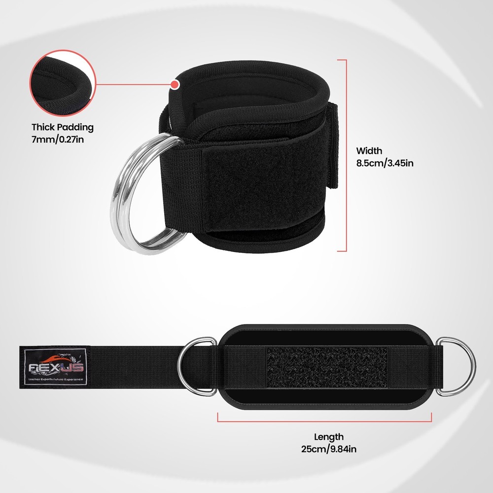 Gym Ankle Straps for Cable Machine – Adjustable Padded D-Ring Leg Workout Pair