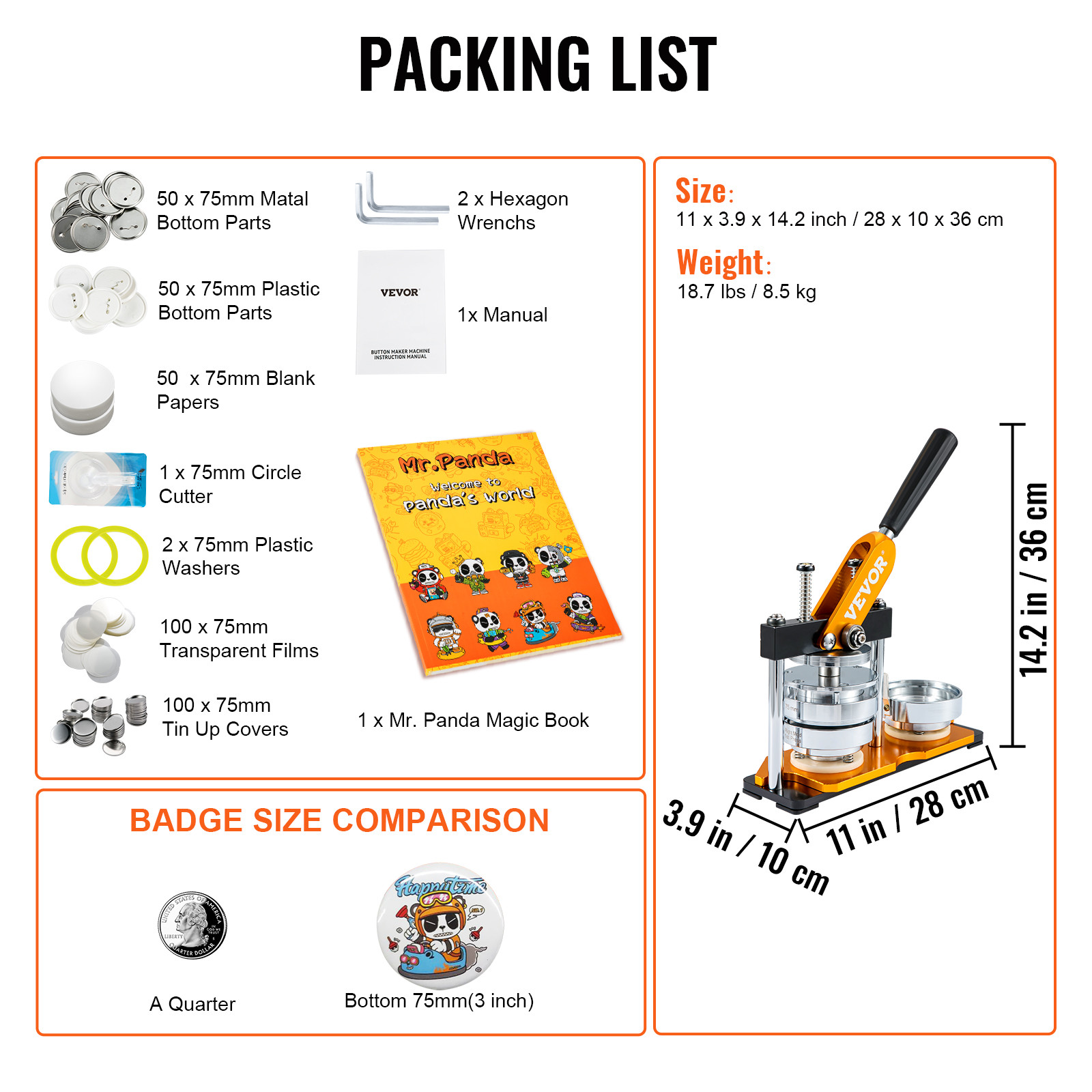 Button Maker Machine Badge Pin Machine 3" 75 MM 100 Free Parts Press Kit
