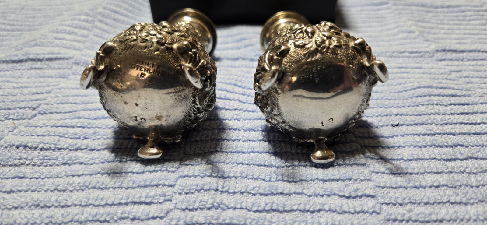 Antique Stieff Repousse Sterling Silver Footed Salt & Pepper Shakers