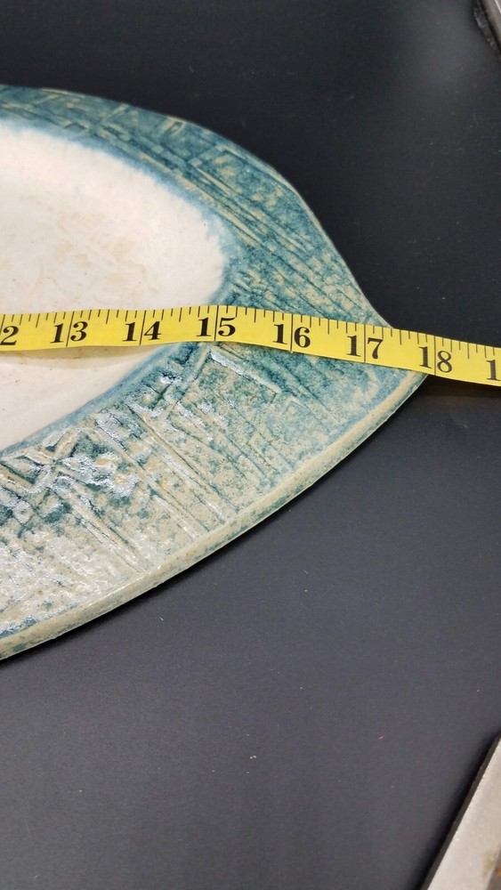 Handmade Studio Pottery Textured Blue Leaf Shaped Serving Plate Platter Tray EUC