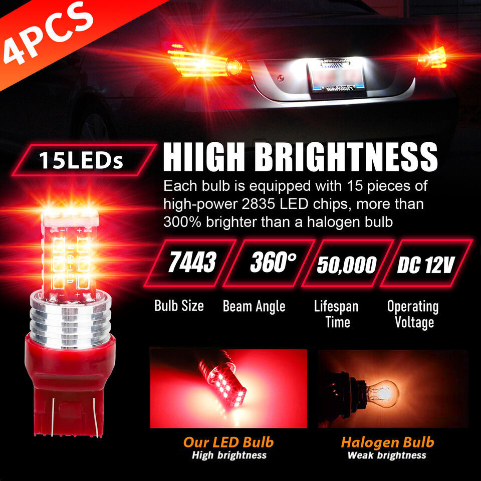 4PCS 7443 7440 LED Red Strobe Flash Blinking Brake Stop Tail Parking Light Bulbs