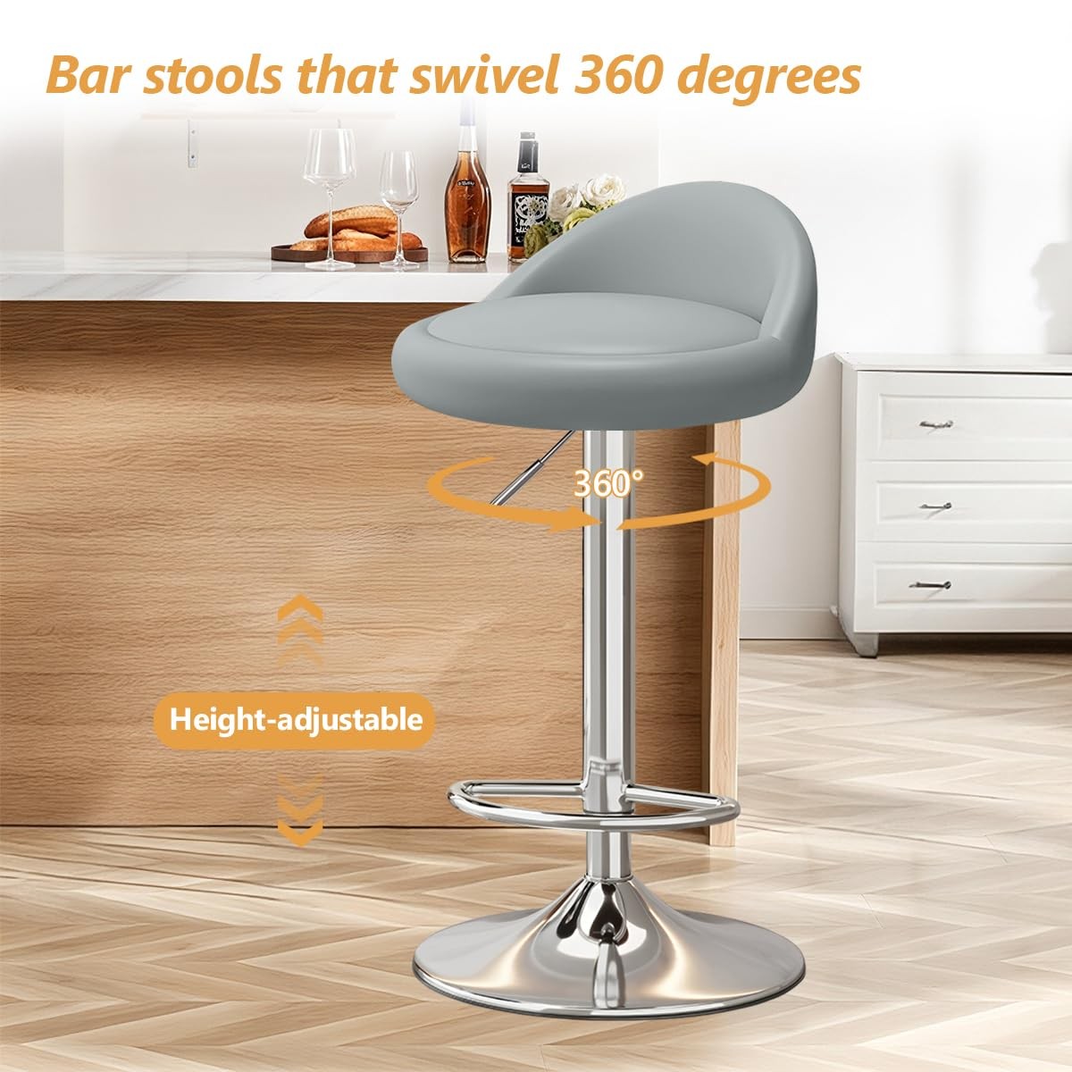 Bar Stools Set of 2, PU Leather Swivel Adjustable Bar Chairs with Low Back