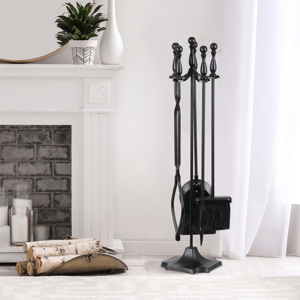 5PCS Fireplace Tools Sets Black Handle Wrought Iron Large Fire Tool Set Indoor