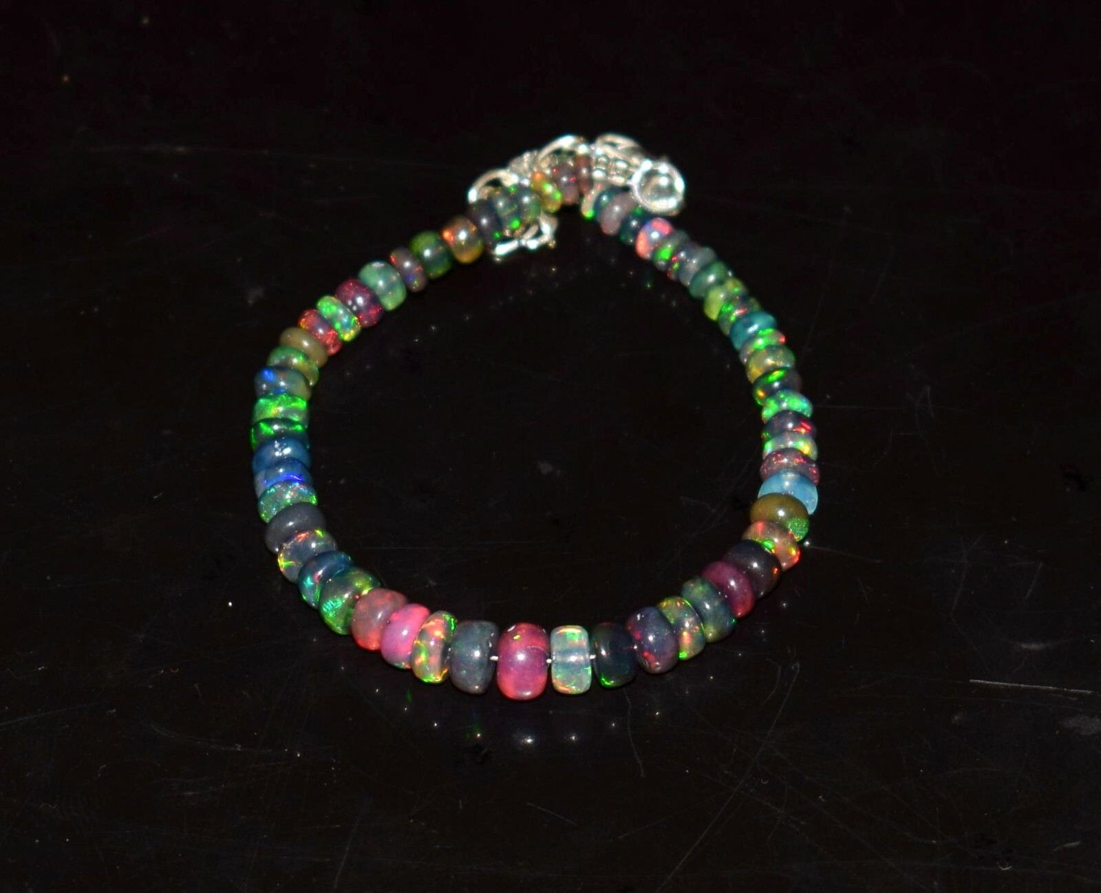 Solid 925 Sterling Silver Natural Ethiopian Opal Gemstone Beads 7"Bracelet F0362