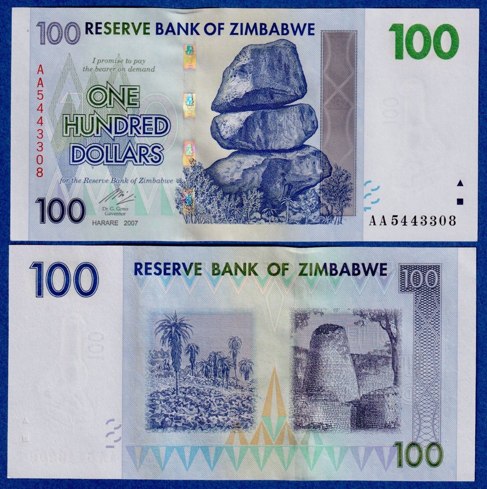 ZIMBABWE 100 DOLLARS, 2007, P-69, AA Prefix UNC Note