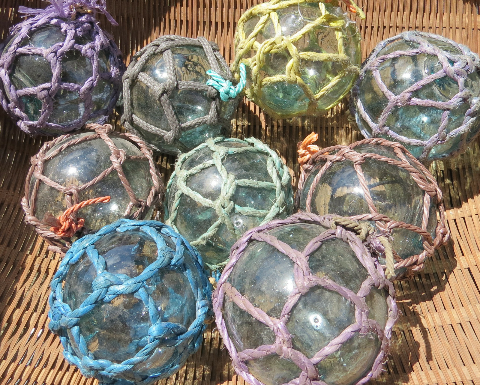 Japanese Glass Fishing FLOATS 3" Netted LOT-9 Net Buoy Authentic Vintage!