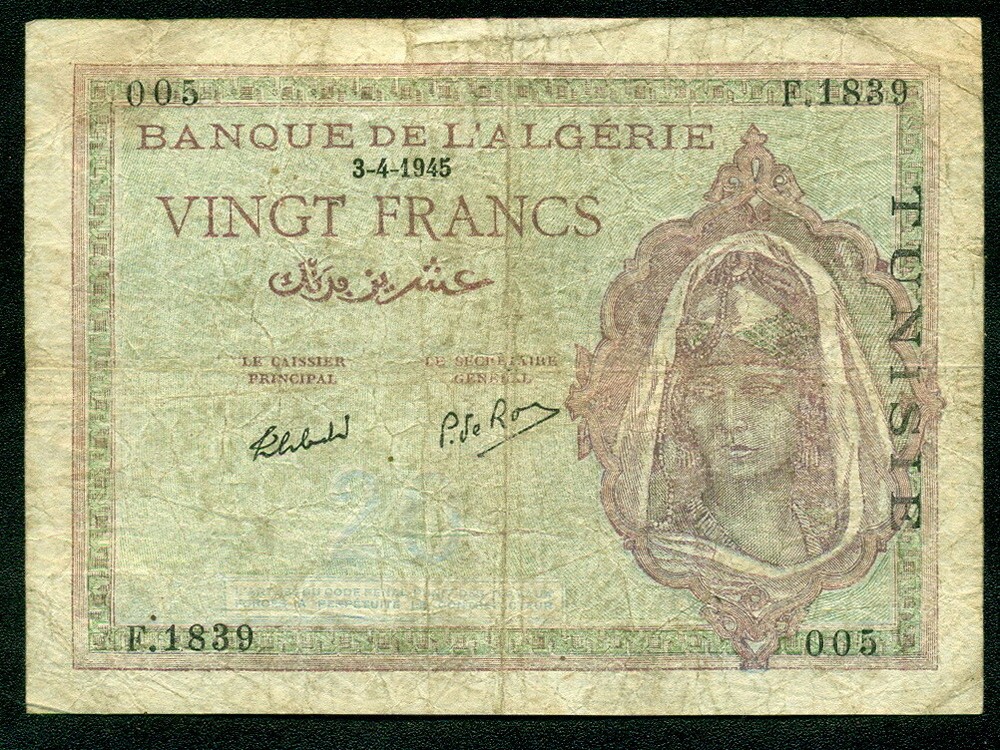 Tunisia 3-4-1945. 20 Francs. Pick 18.