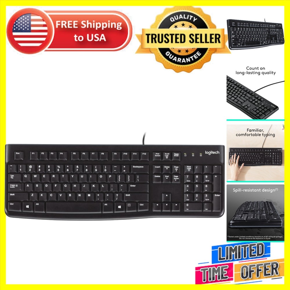 K120 Wired QWERTY Keyboard - Easy Setup, Spill-Resistant, Eco-Friendly Design