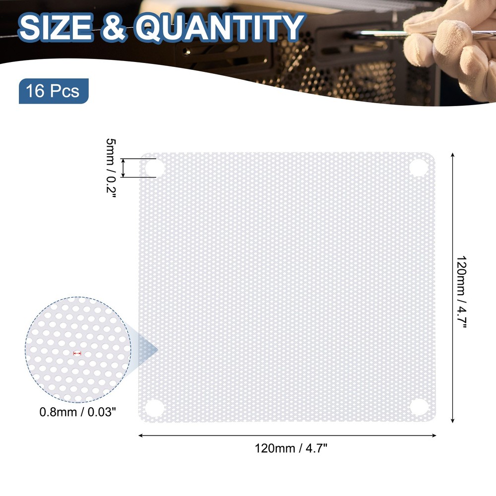 120mm/4.7" PC Fan Dust Mesh, 16 Pack PVC Computer Cooler Dust Filter, White