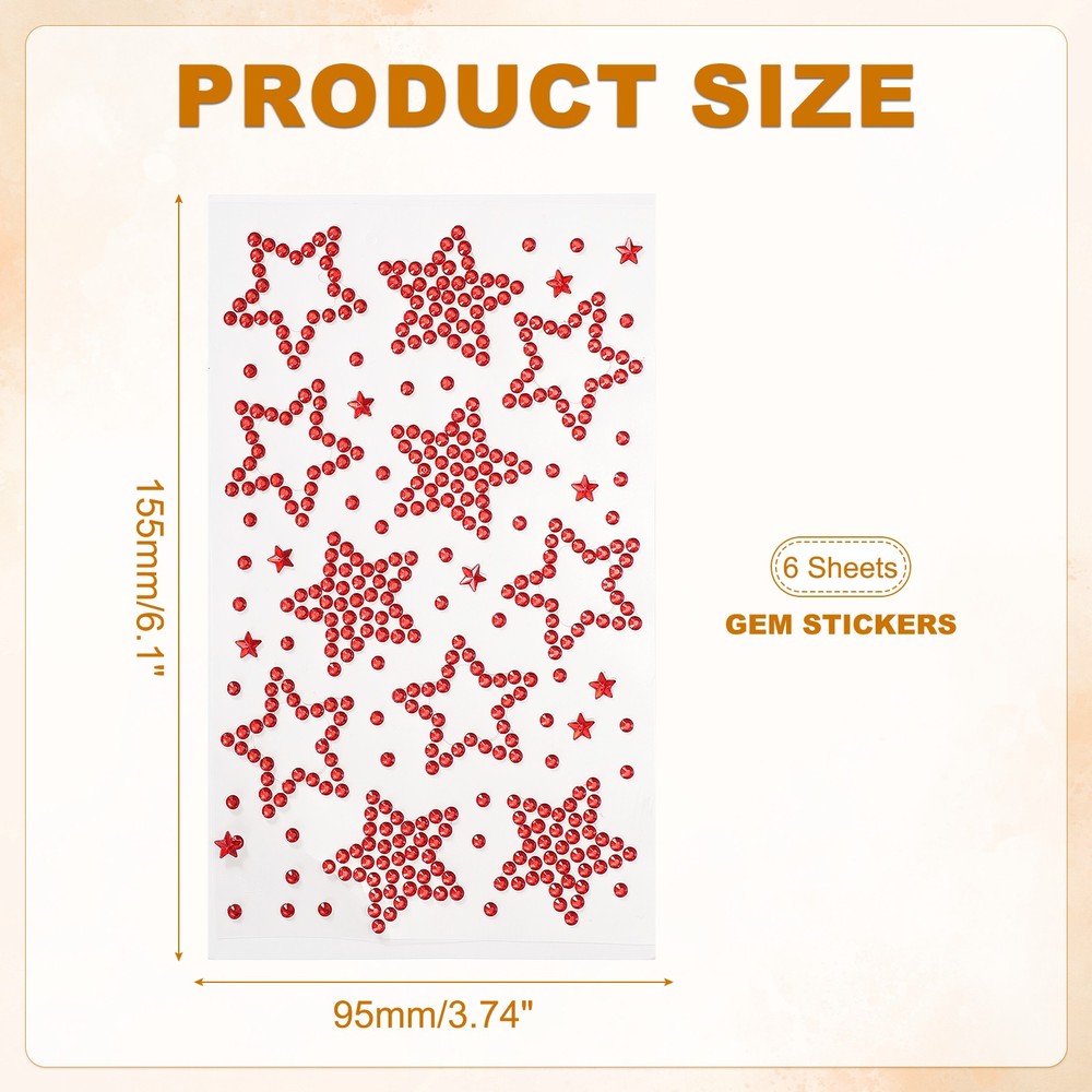 6Sheets Star Gem Sticker, Face Gem Stickers, Red