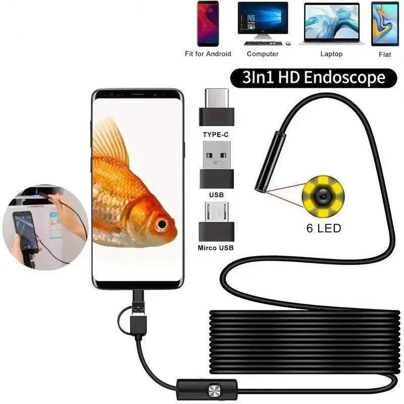6LED USB Snake Endoscope Borescope HD Inspection Camera For Android Type C Lot