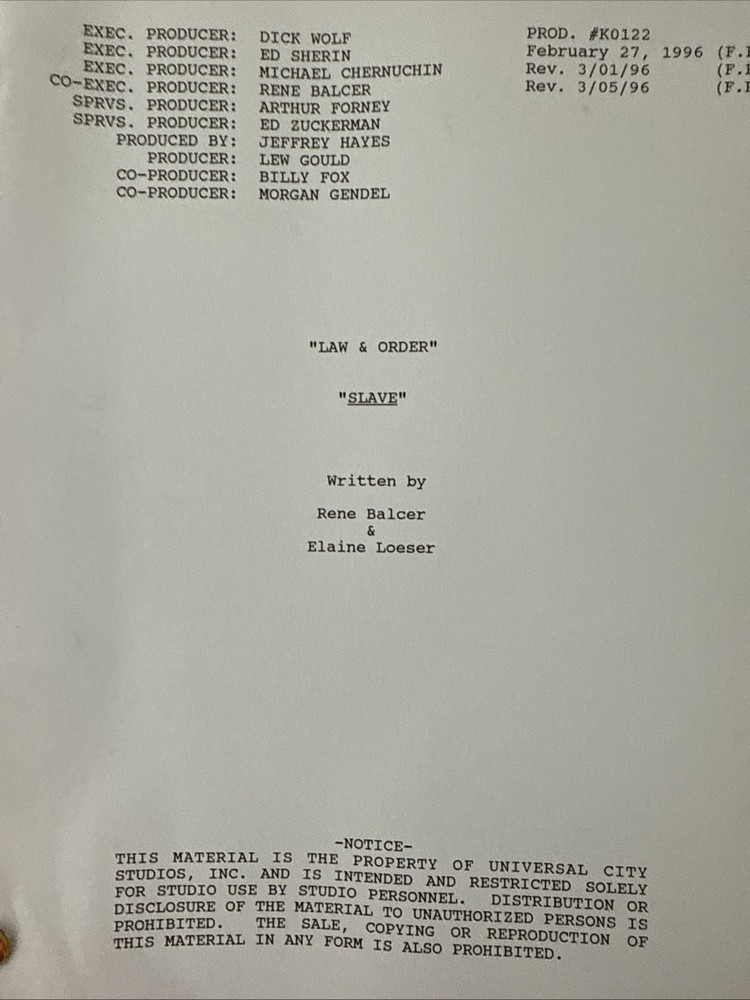 LAW & ORDER 1996 TV SHOW SCRIPT “SLAVE”