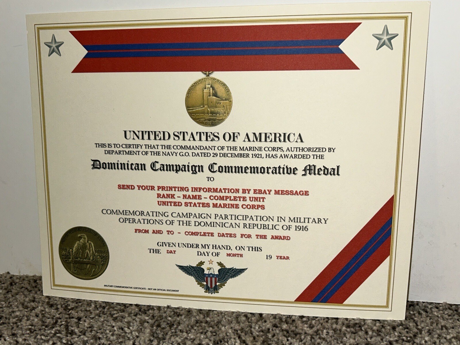 DOMINICAN CAMPAIGN (USMC) COMMEMORATIVE MEDAL CERTIFICATE ~ W/PRINTING TYPE-1