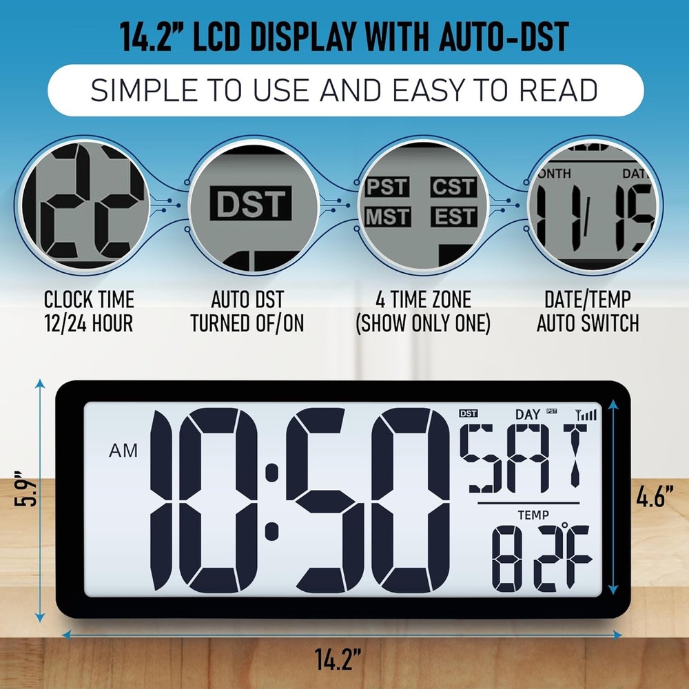 Atomic Clock with Backlight 14 2 Large Digital Wall Clock Battery...