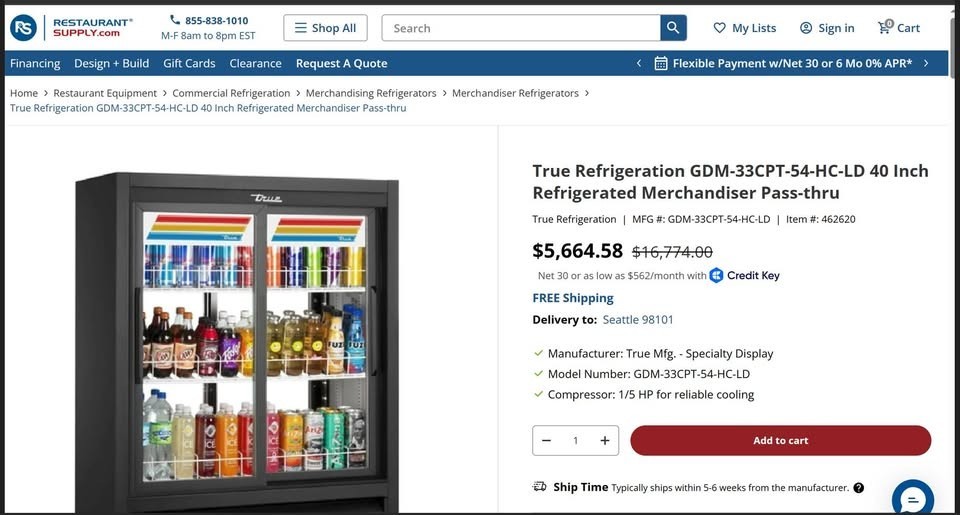 True GDM-33CPT-54-HC-LD 40" Pass-Thru Glass Door Commercial Refrigerator