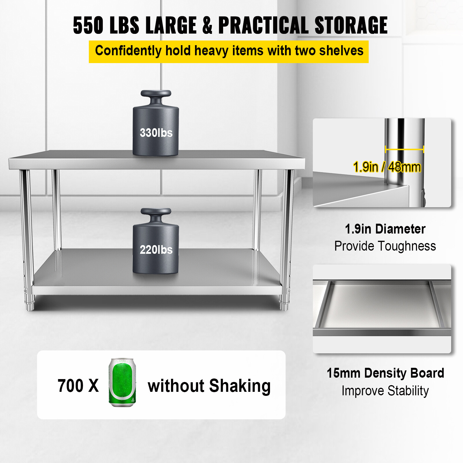 VEVOR Stainless Steel Work Prep Table Commercial Food Prep Table 72x30x34in