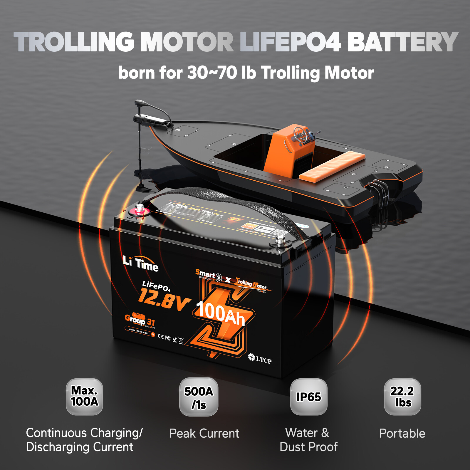 LiTime 12V 100Ah Group 31 Bluetooth LiFePO4 Lithium Battery Low-Temp Protection