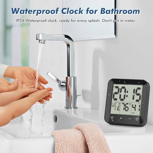Waterproof Shower Clock Timer, Bathroom Clock with Countdown, Touch Black