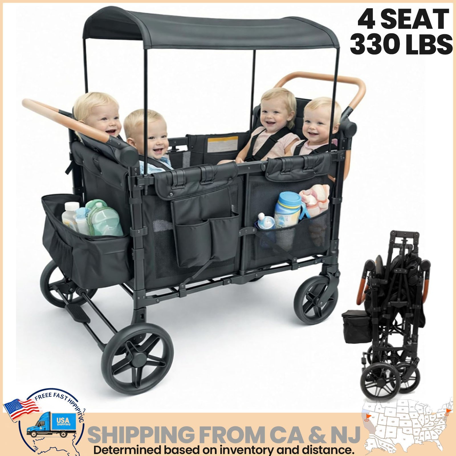 Wagon Stroller w/ Canopy 4 seater Push Pull Quad Collapsible Stroller 330LBS