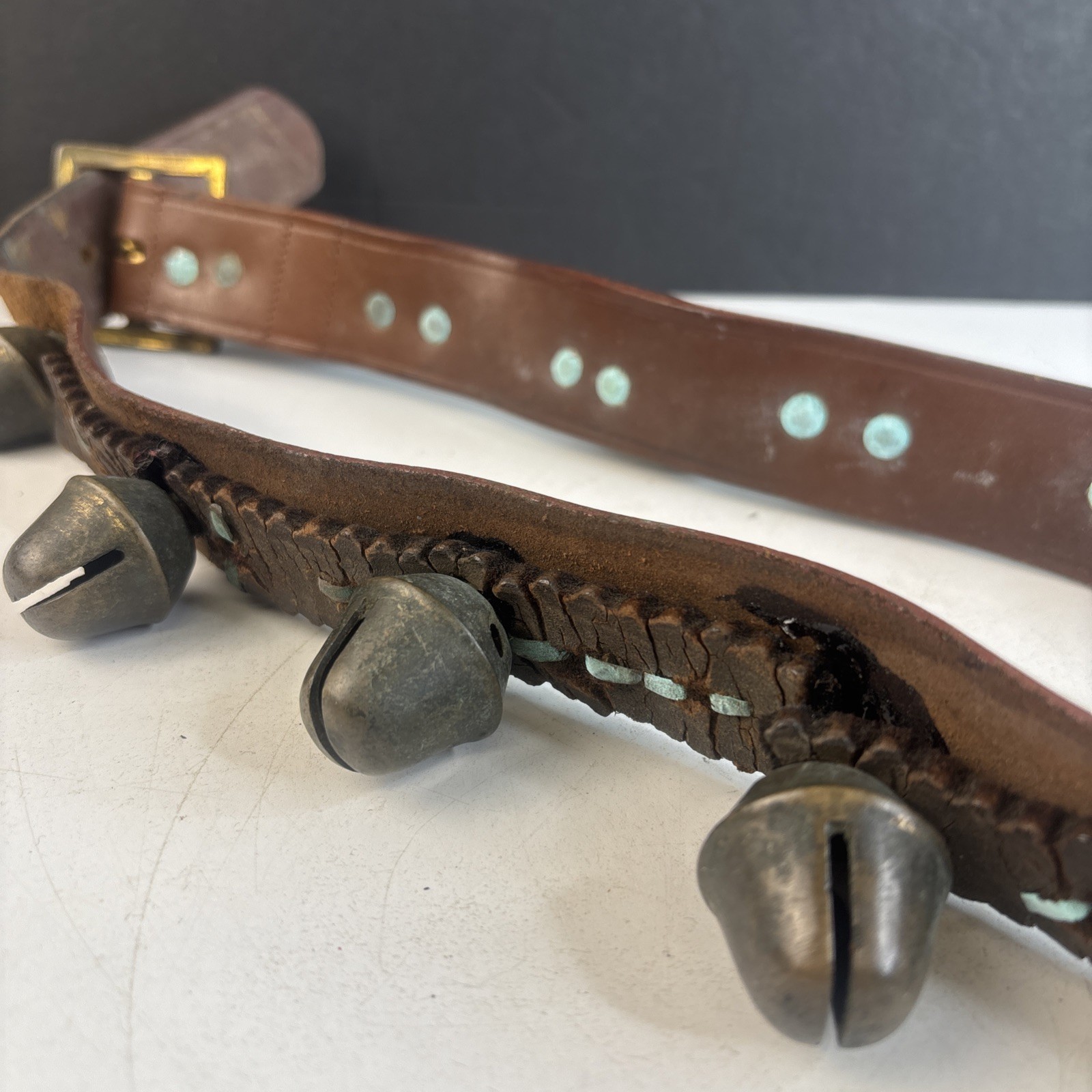 Antique 11 Brass Acorn Sleigh Bells on 41" Leather Strap w/ Copper Rivets VIDEO
