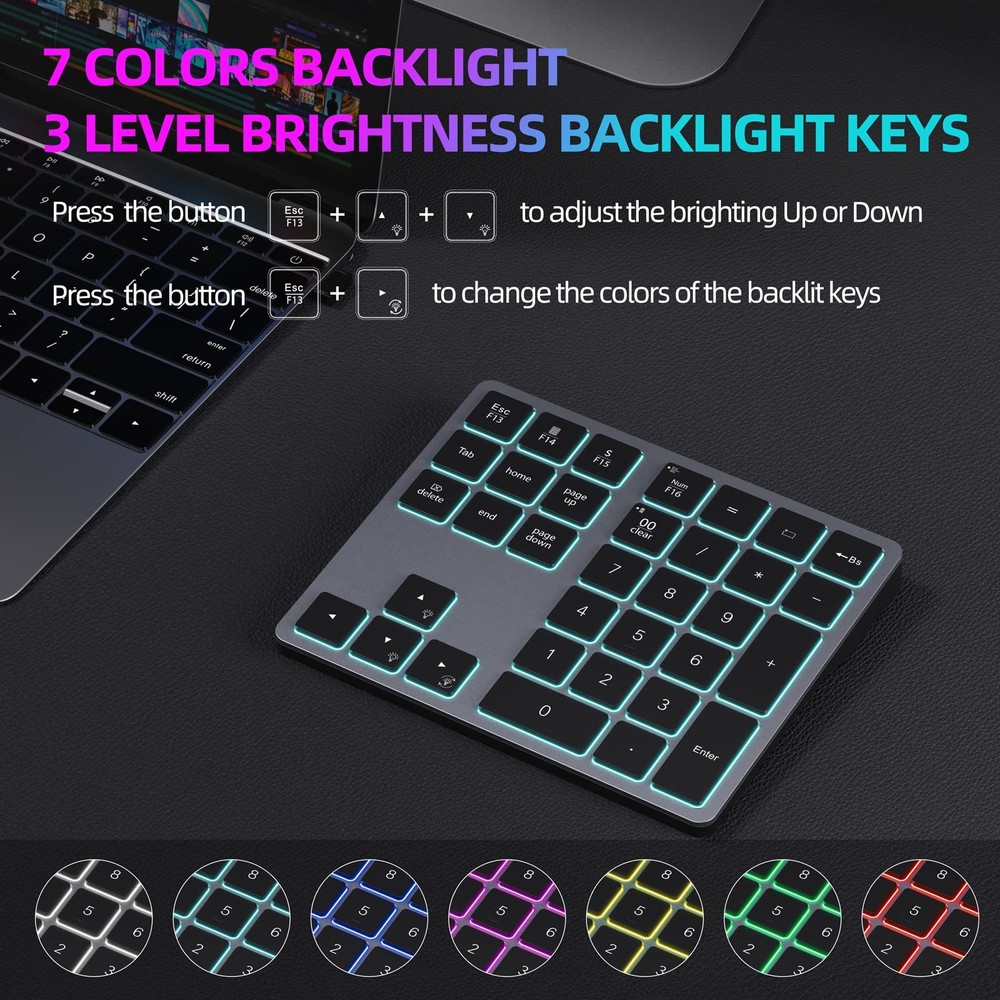 Backlit Bluetooth Numeric Keypad for Laptops and Computers, Number Pads 34 Ke...
