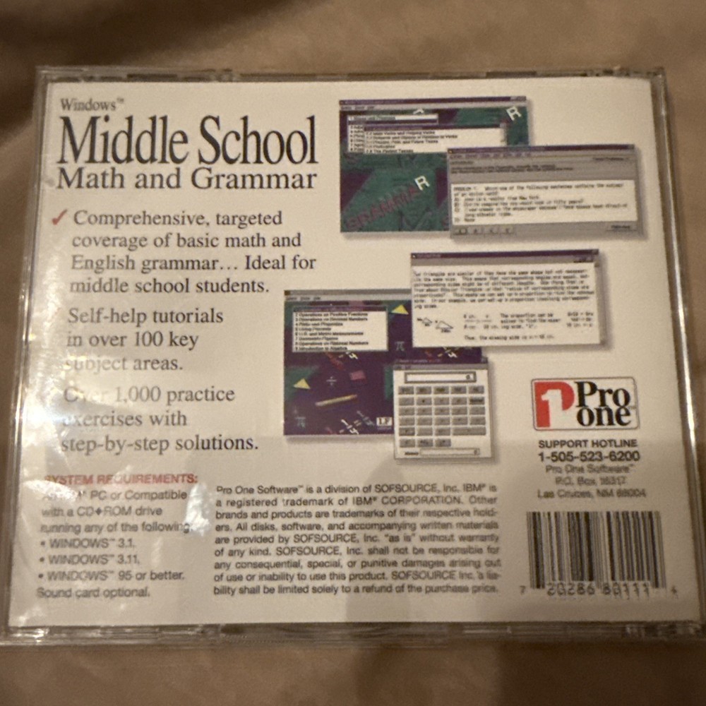 MIDDLE SCHOOL / MATH & GRAMMAR 1 PRO ONE CD-ROM (1995) WINDOWS 3.1 x /95 PC