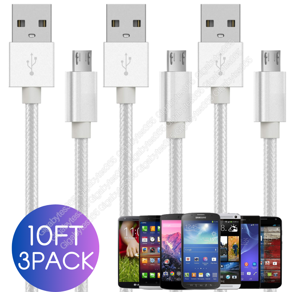 3 PACK 10Ft Extra Long Micro USB Cable Fast Charge Android Charger Charging Cord