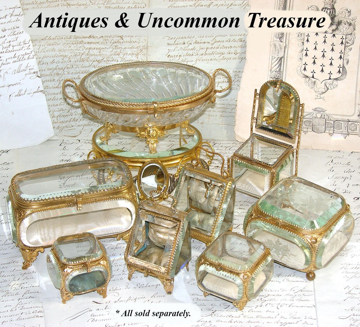 Antique Napoleon III Jewelry Casket, Miniature Vitrine Box, Thick Beveled Glass