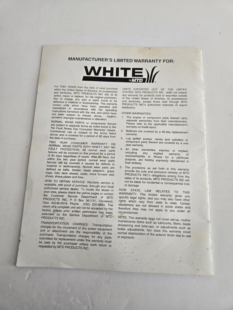 White By MTD Models E623D, E633E, E653F, E663H Snowblower Operator's Manual