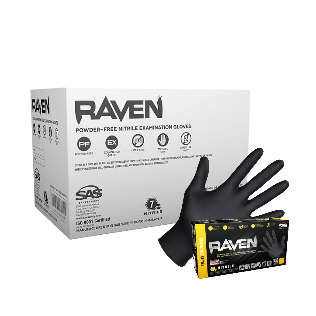 SAS Raven Black Nitrile Gloves Powder Free 7mil (10/Boxes of 100) (XL)