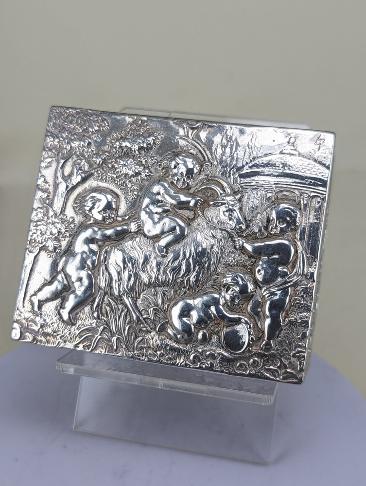 1901 Berthold muller solid silver box with cherubic scene & goats