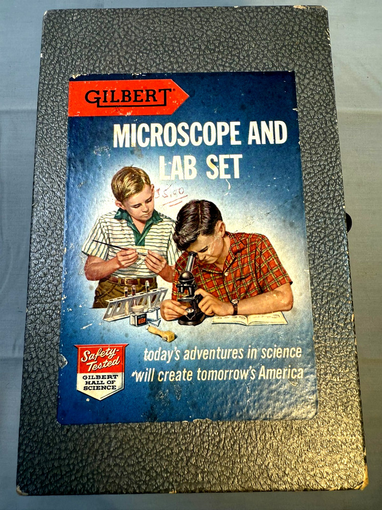 Gilbert Silver Medal Microscope Lab Set w/ 12 Slide Box & Case