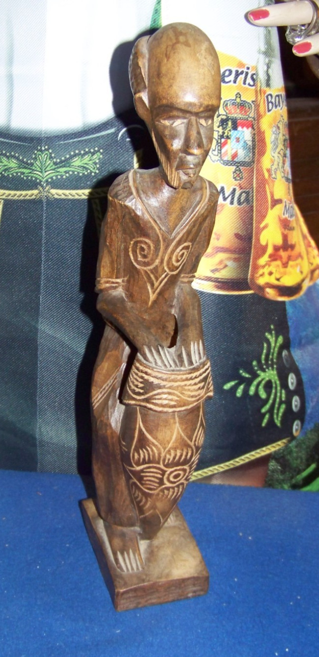 African Elder Tribal Figure Playing Drums 13" Wood Carving