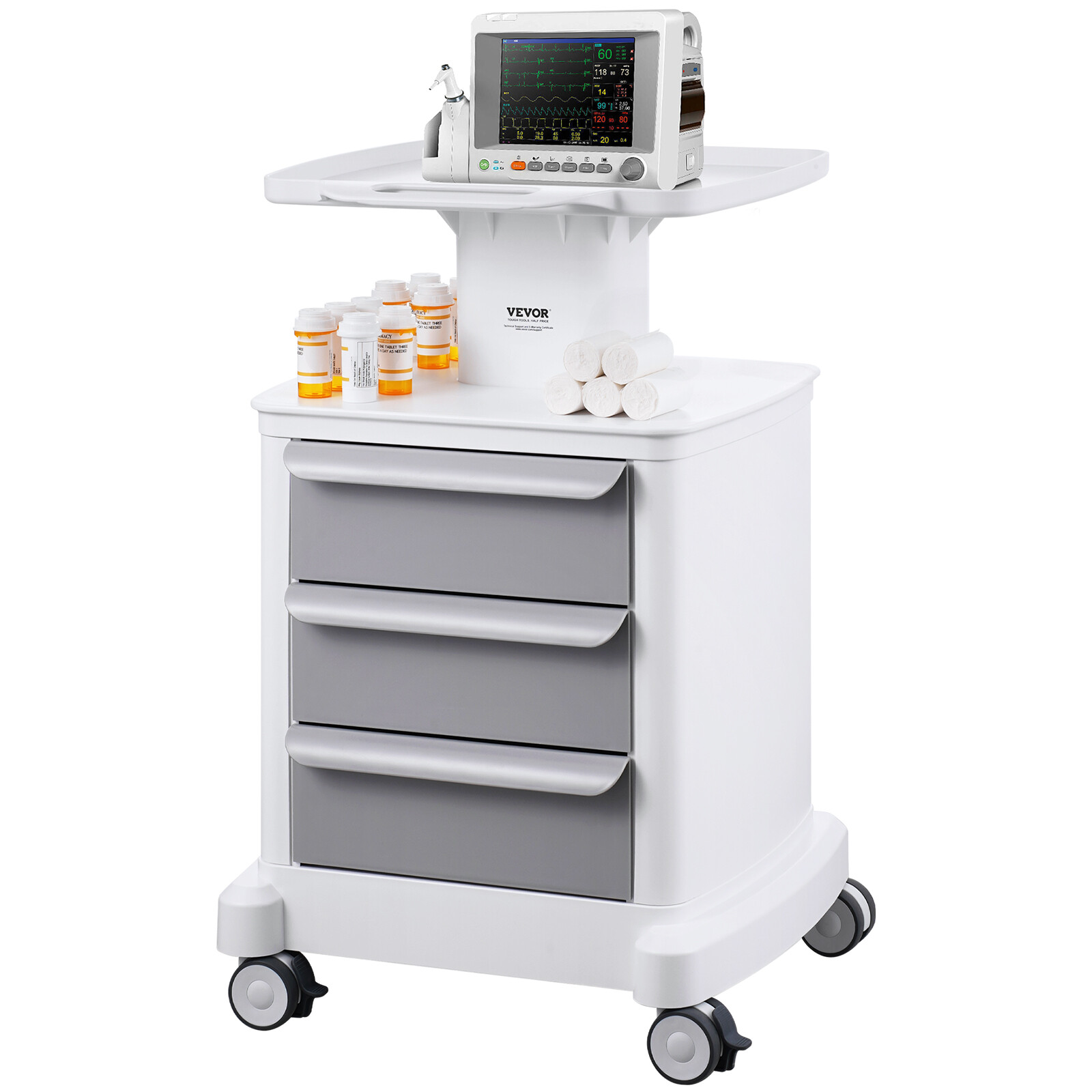 VEVOR 4 Tiers Lab Carts Mobile Medical Cart with 3 Drawers & 1 Top Tray White